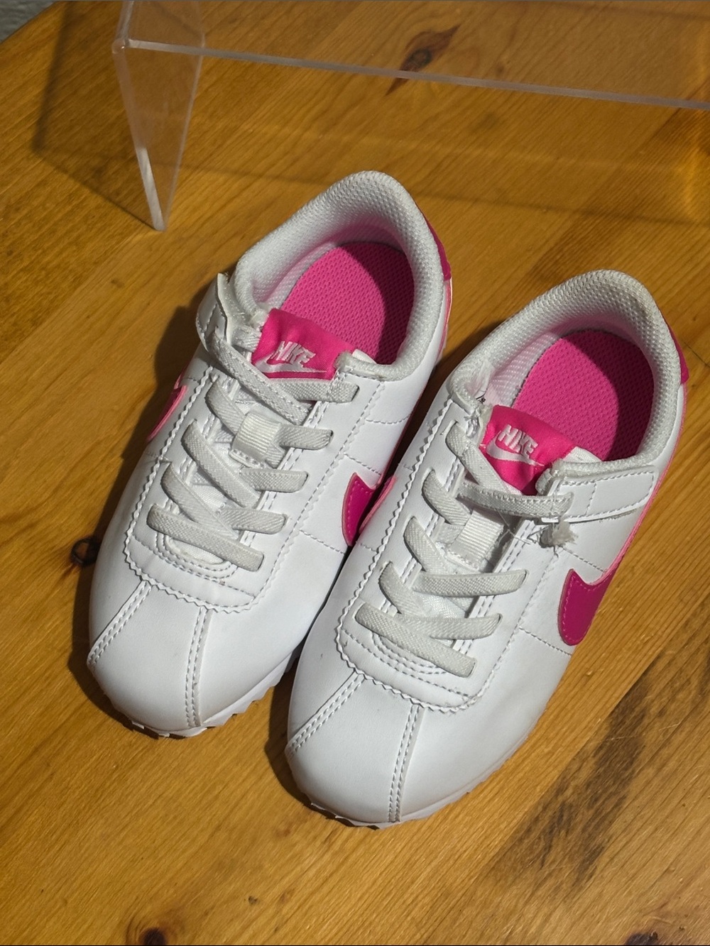 Nike White and Hot Pink Kids' Classic Sneakers 9C